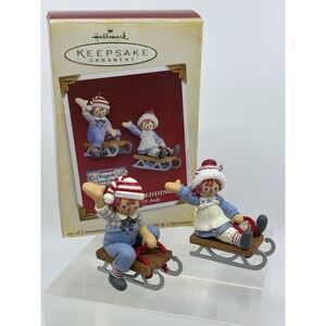 2005 Hallmark Holiday Sledding Raggedy Ann and Andy Ornament Set  Box
